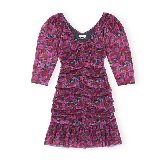NEW GANNI floral mesh flounce ruched mini dress in fiji flower - Picture 4 of 4